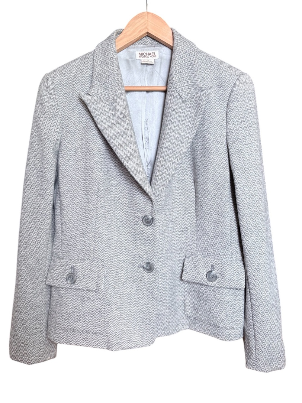 MICHAEL KORS Light Gray Wool Herringbone Tweed Blazer Jacket sz 14 Academia